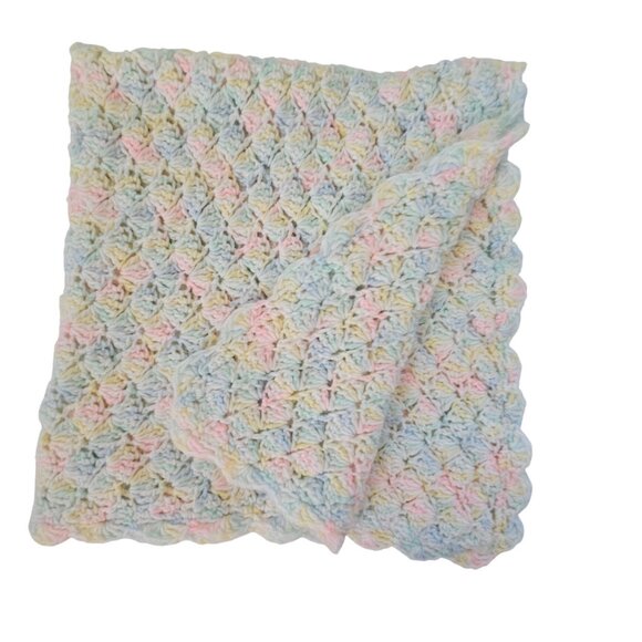 VTG Pastel Rainbow Colors Crochet/Knit Wool Square 30"x33" Baby Blanket Throw - Picture 3 of 13